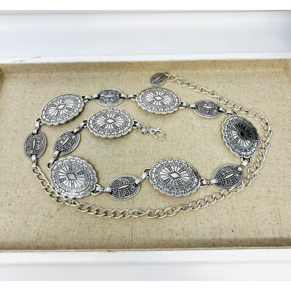 Western Silver Concho Chain Belt Adjustable Boho Sunburst Medallion Accessory